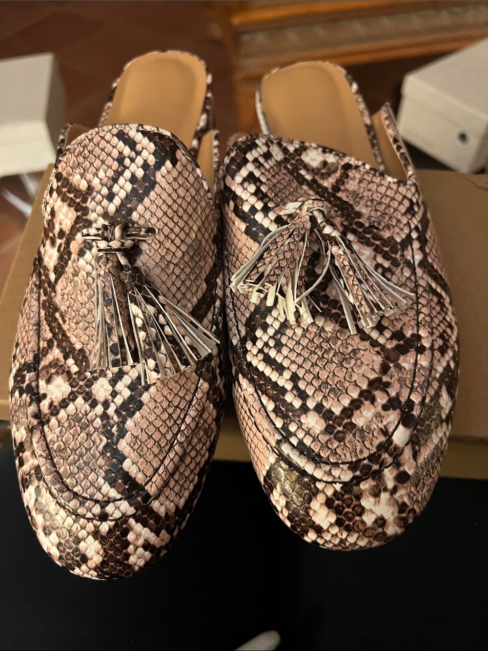 Women’s Tassel Backless Loafers in Snakeskin